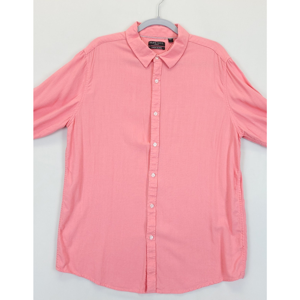 Brave Soul Linen Blend Button Up Shirt Long Sleeve Men‎ L Salmon Pink Preppy